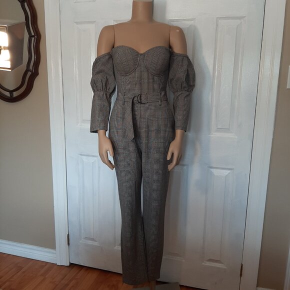 GUESS "Alexa" Grey Plaid Belted Bustier Puff Sleeve Jumpsuit - Size 0 - Picture 3 of 12